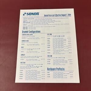 Sonor Drum Price List – August 1, 1994 – Vintage Catalog Sheet HSS USA🌸